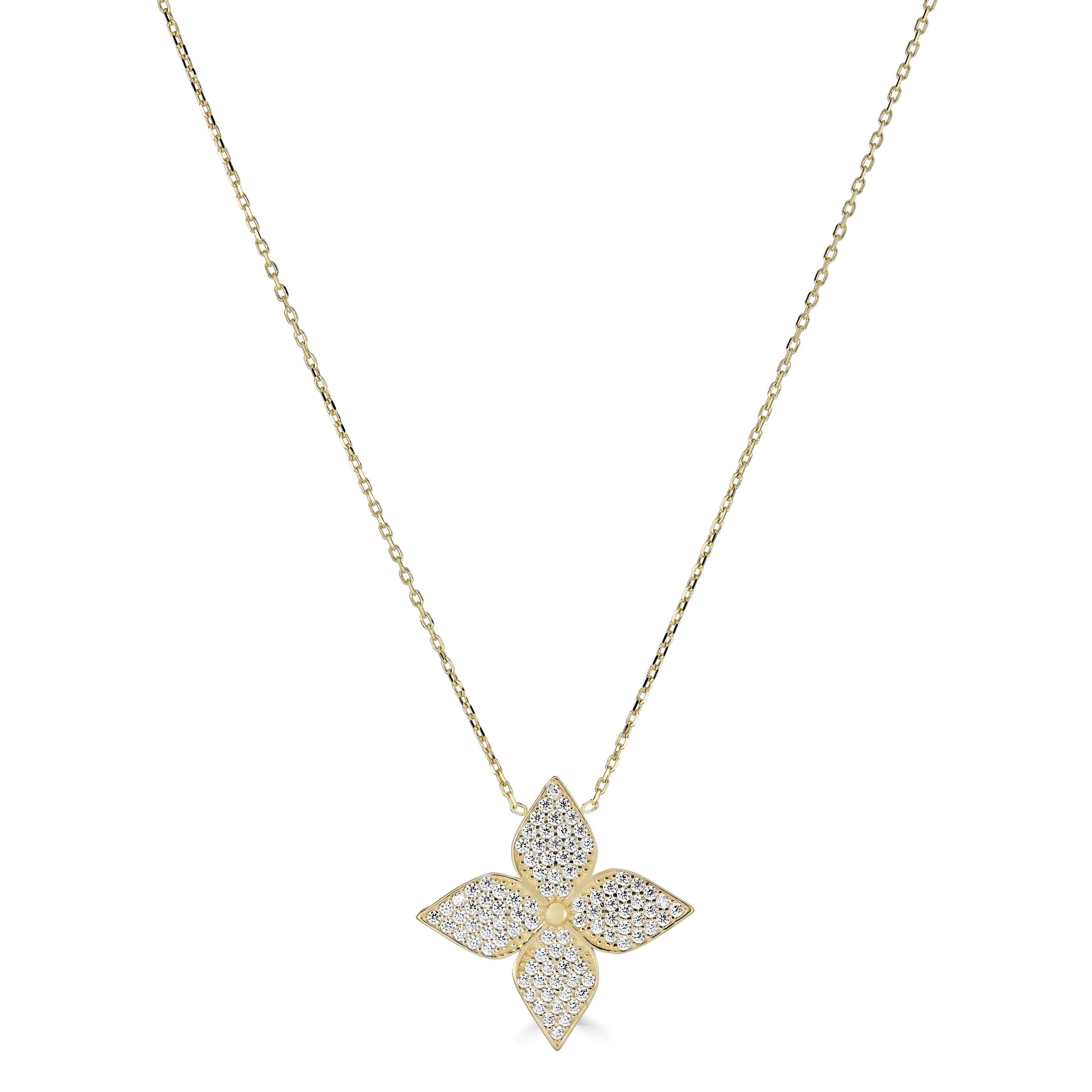 14 k yellow gold flower pendant necklace with pave c.z. Accents