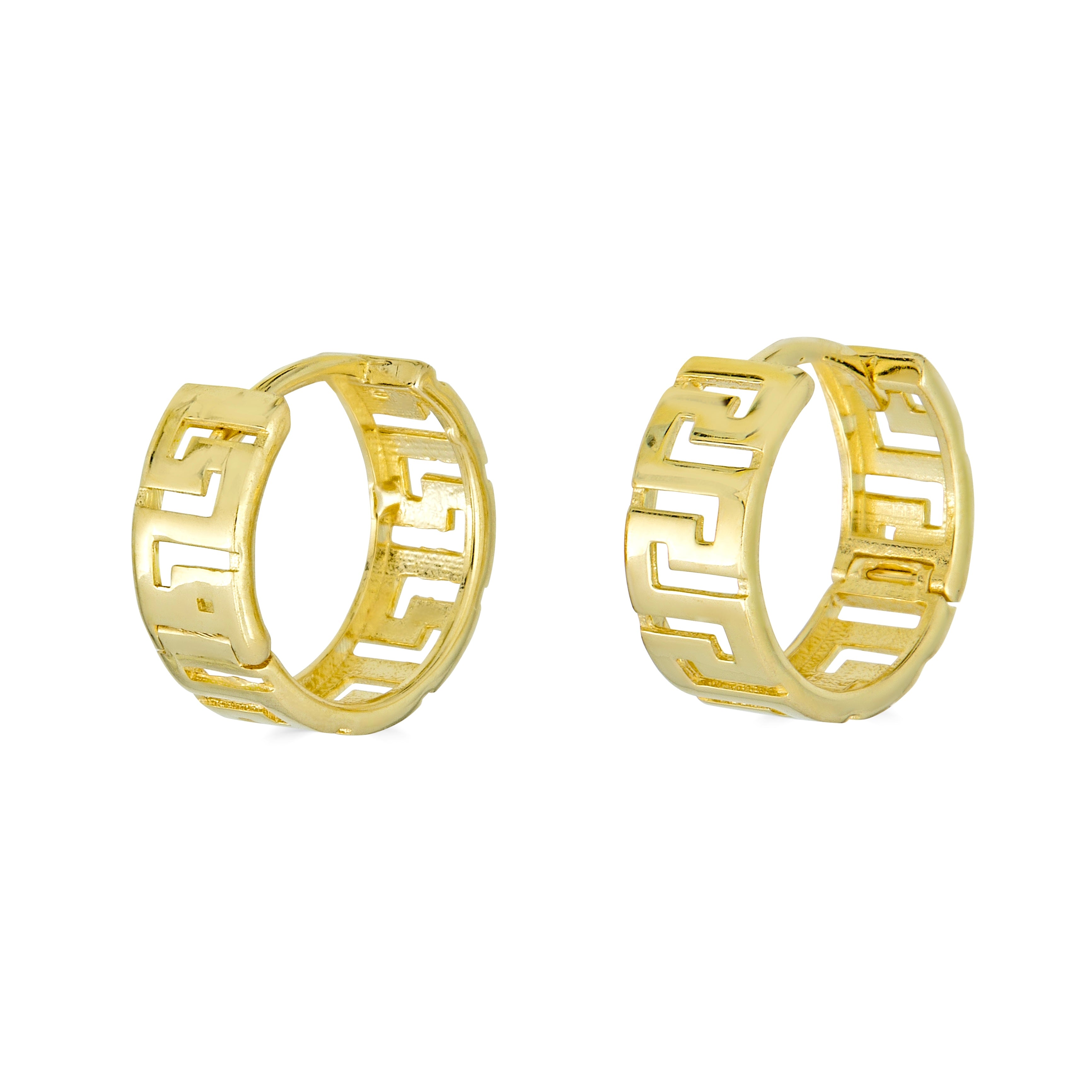14K Yellow Gold Greek Key Hoop Earrings