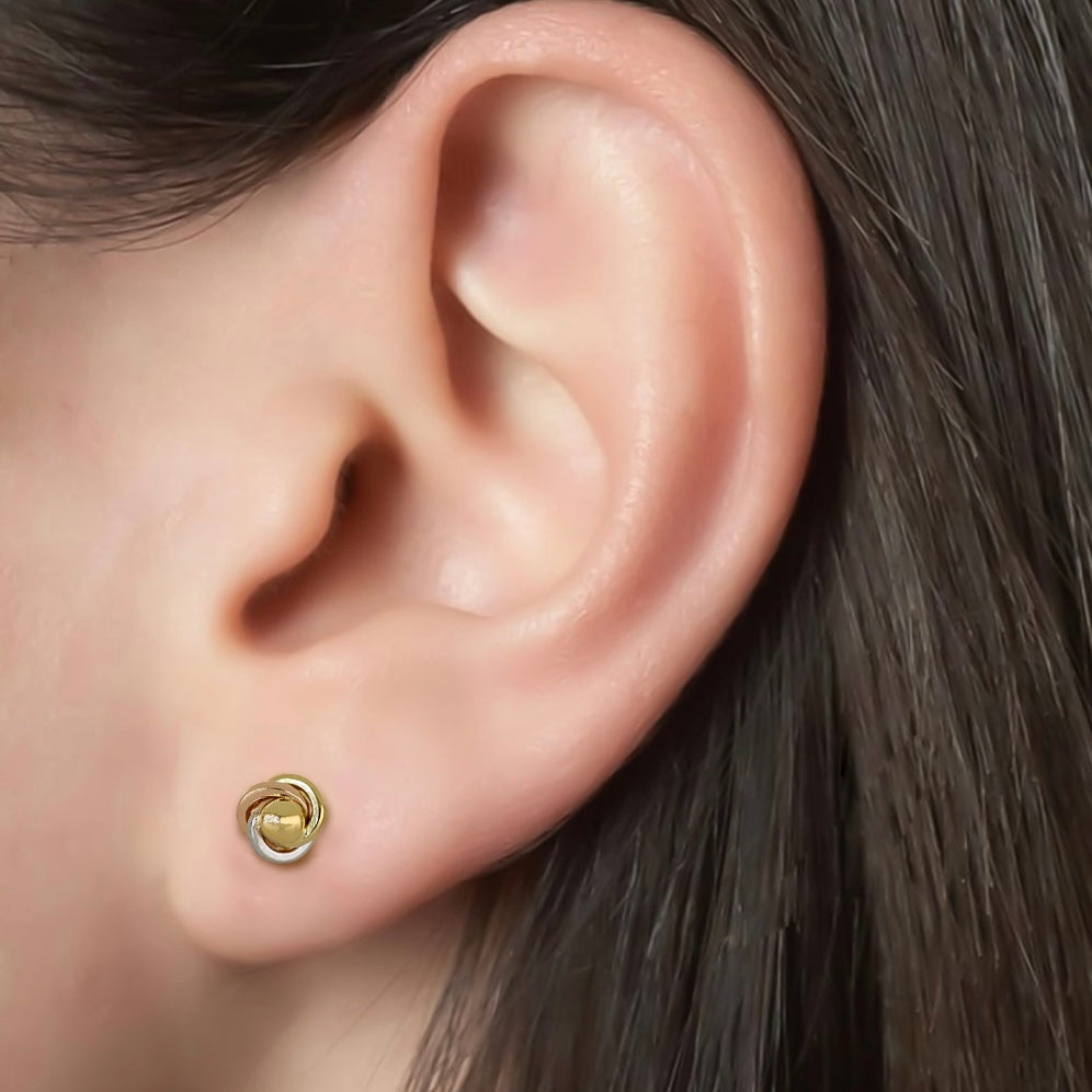 14k three-tone gold intertwined knot earrings