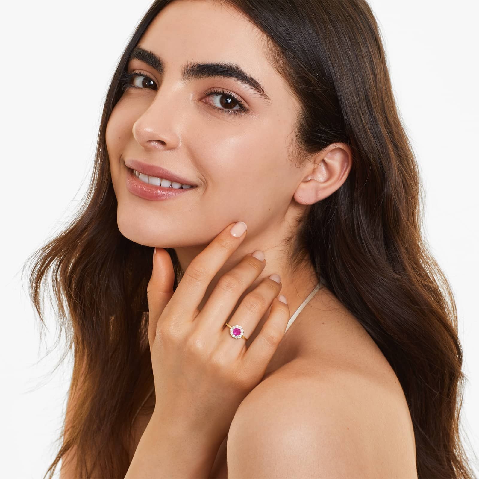 14k yellow gold ring with pink c.z. halo with white c.z. Accent
