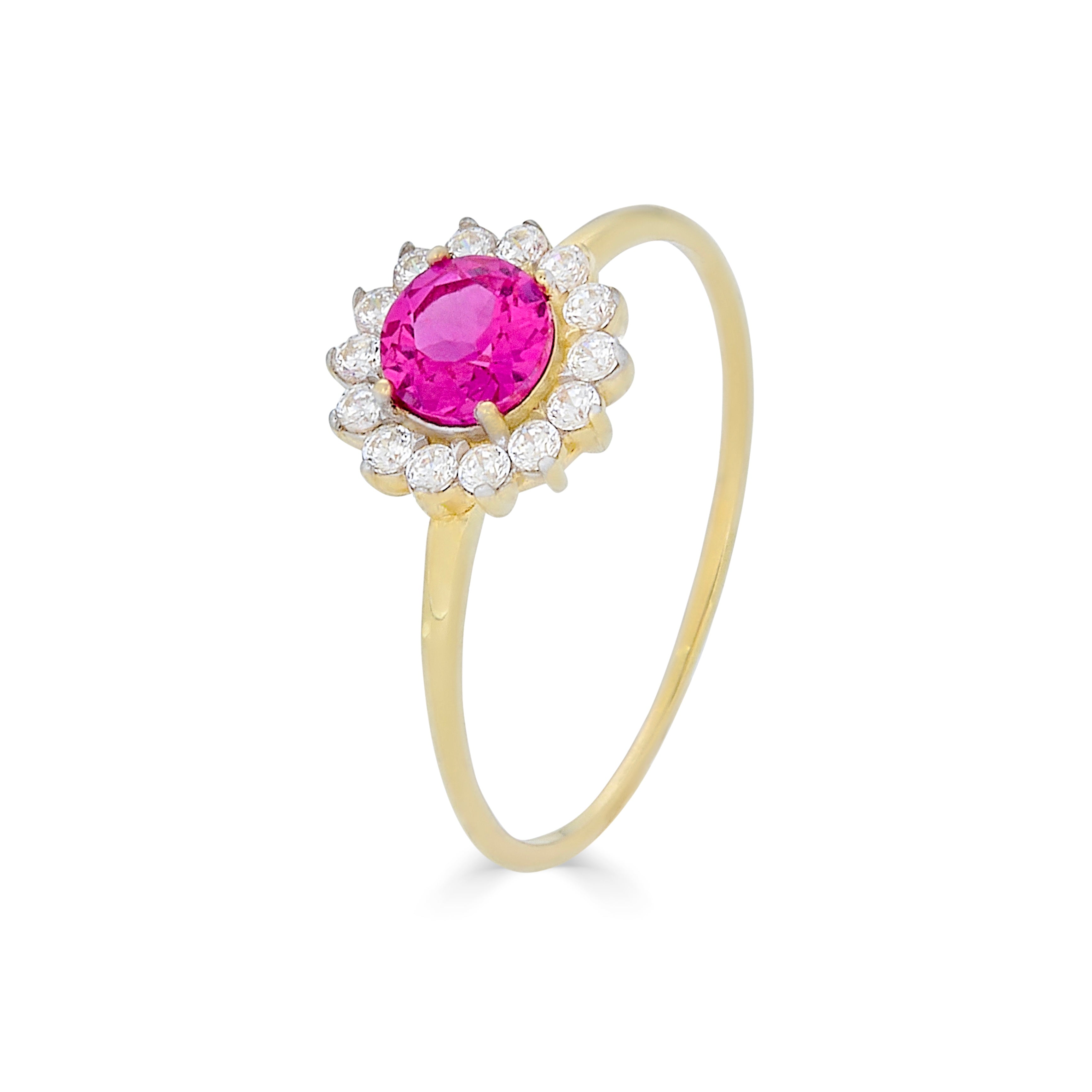 14k yellow gold ring with pink c.z. halo with white c.z. Accent