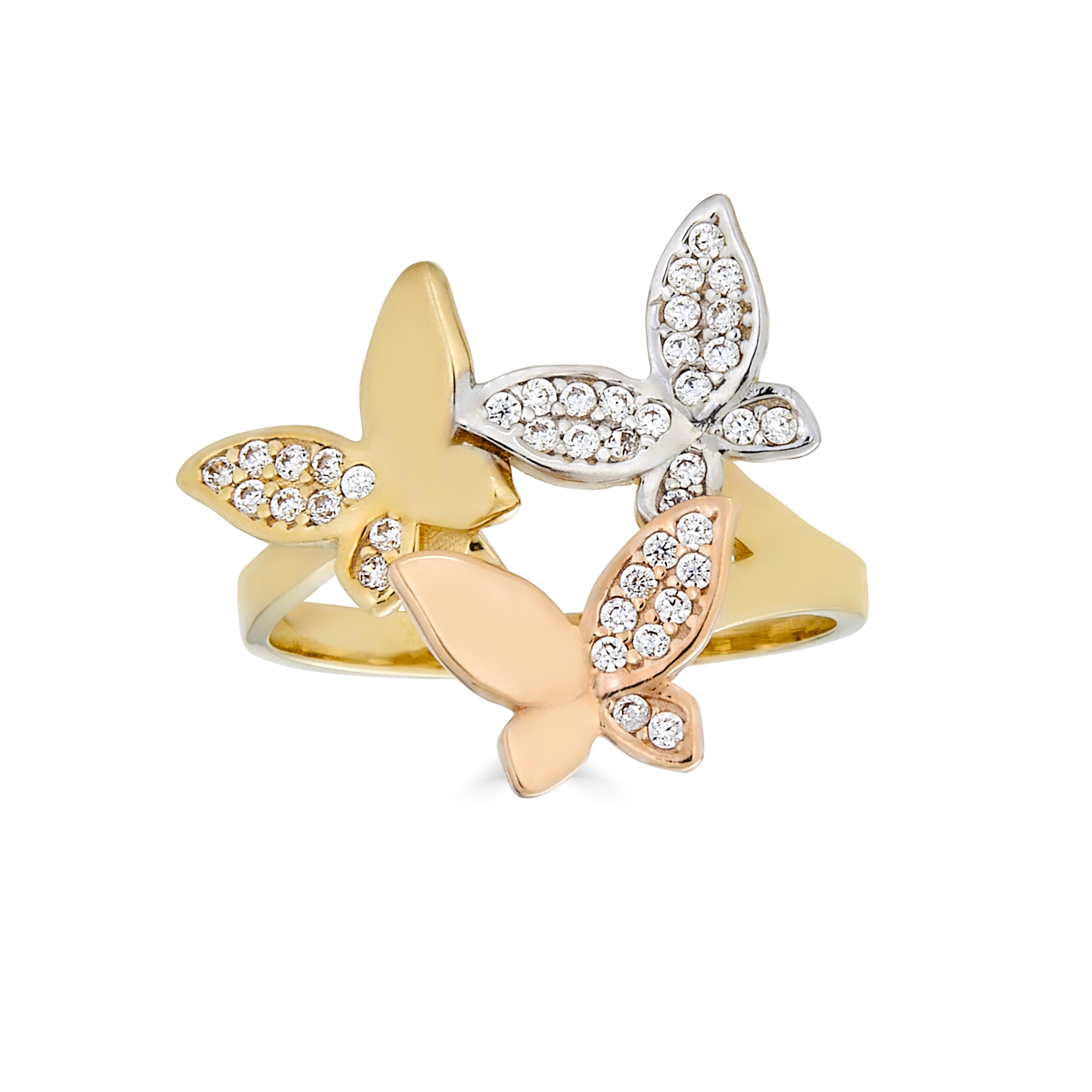 14 k three-tone gold butterfly ring with C.Z. accent