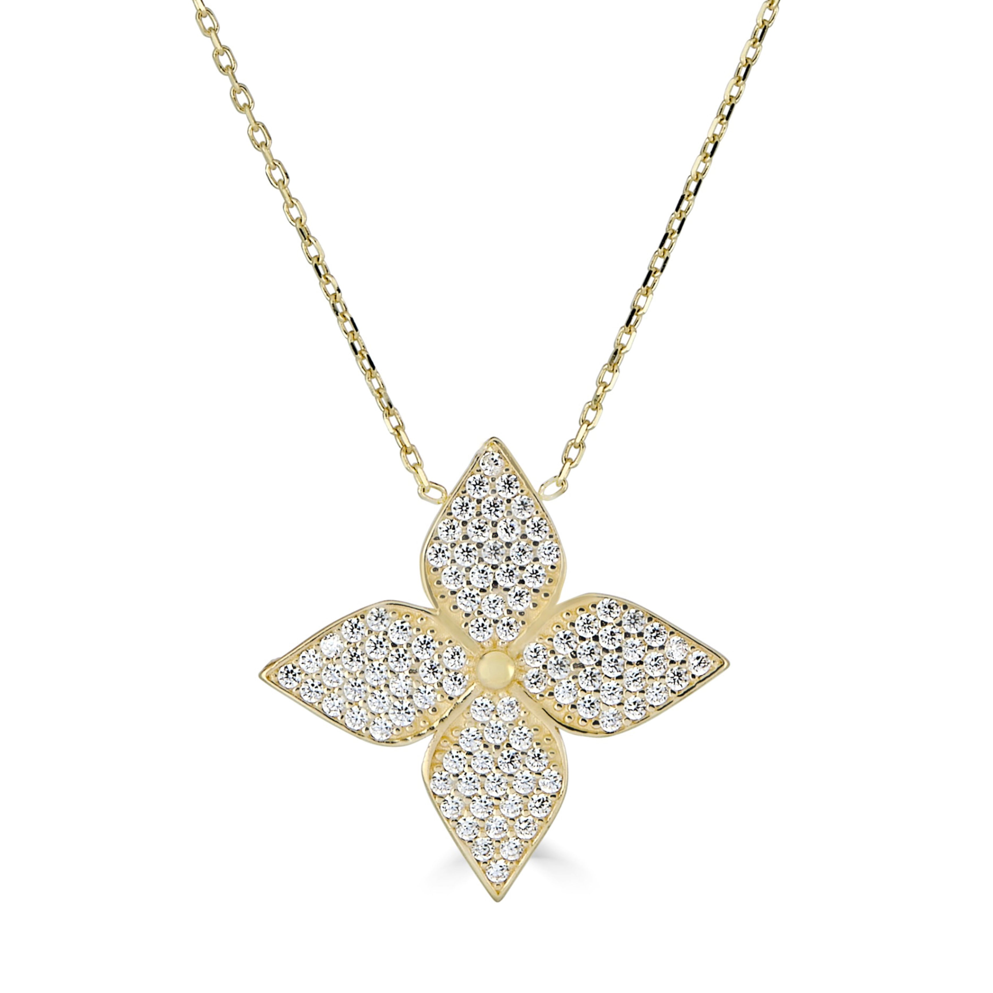 14 k yellow gold flower pendant necklace with pave c.z. Accents