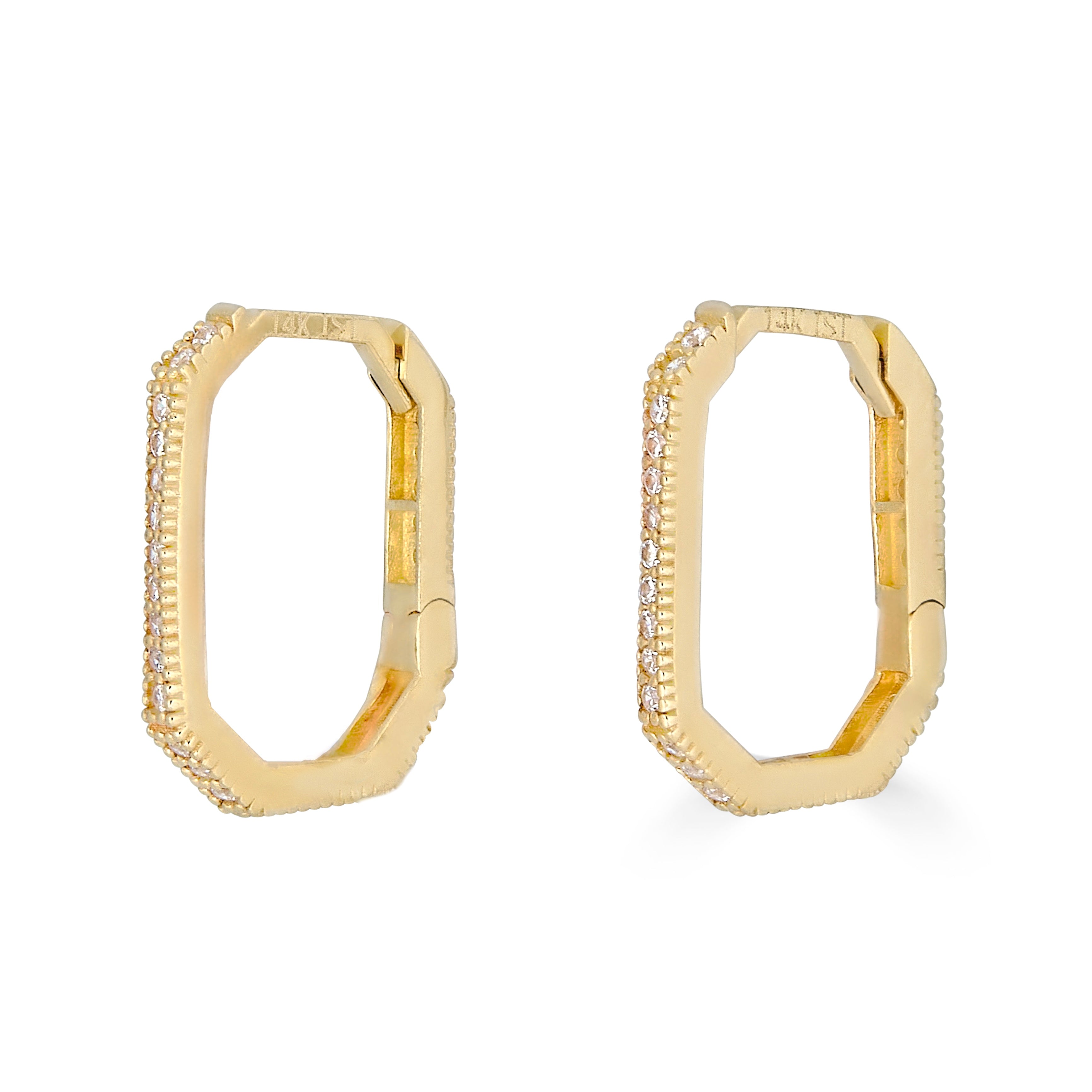 14k yellow Gold hexagonal hoop earrings with c.z.
