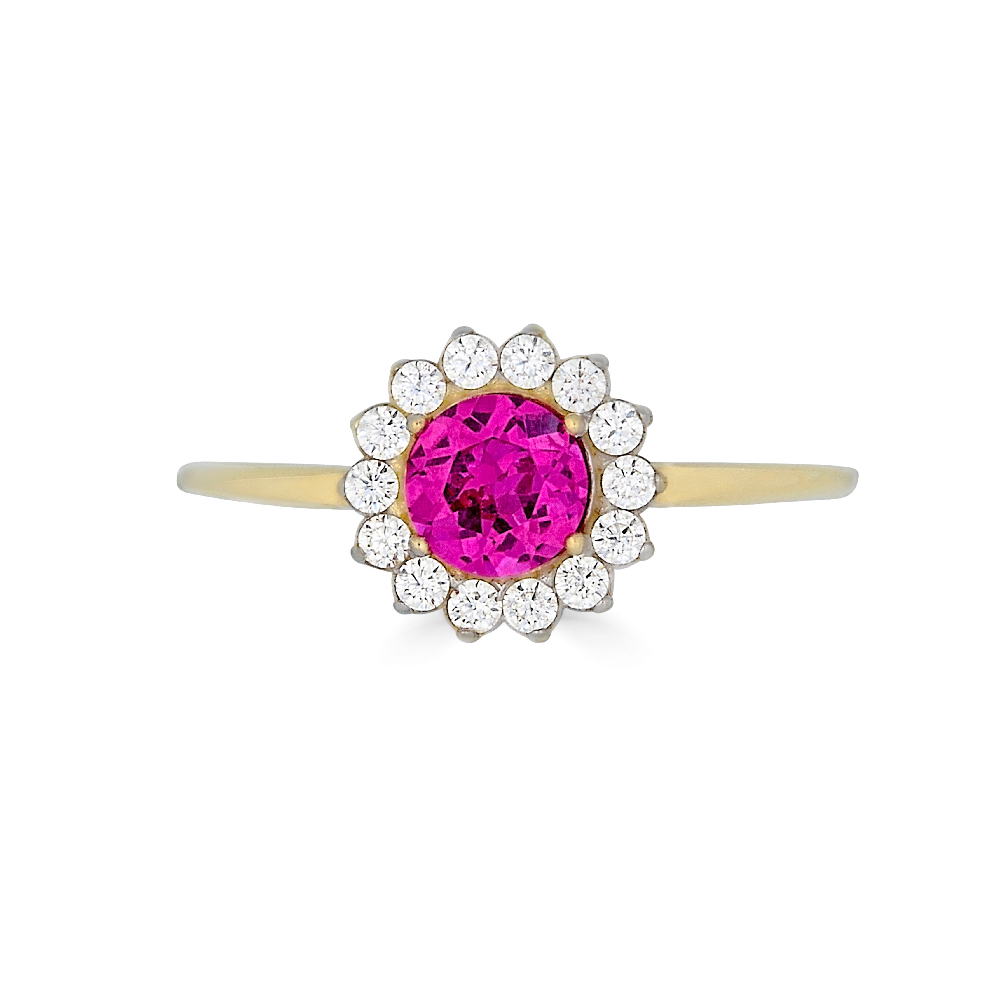 14k yellow gold ring with pink c.z. halo with white c.z. Accent