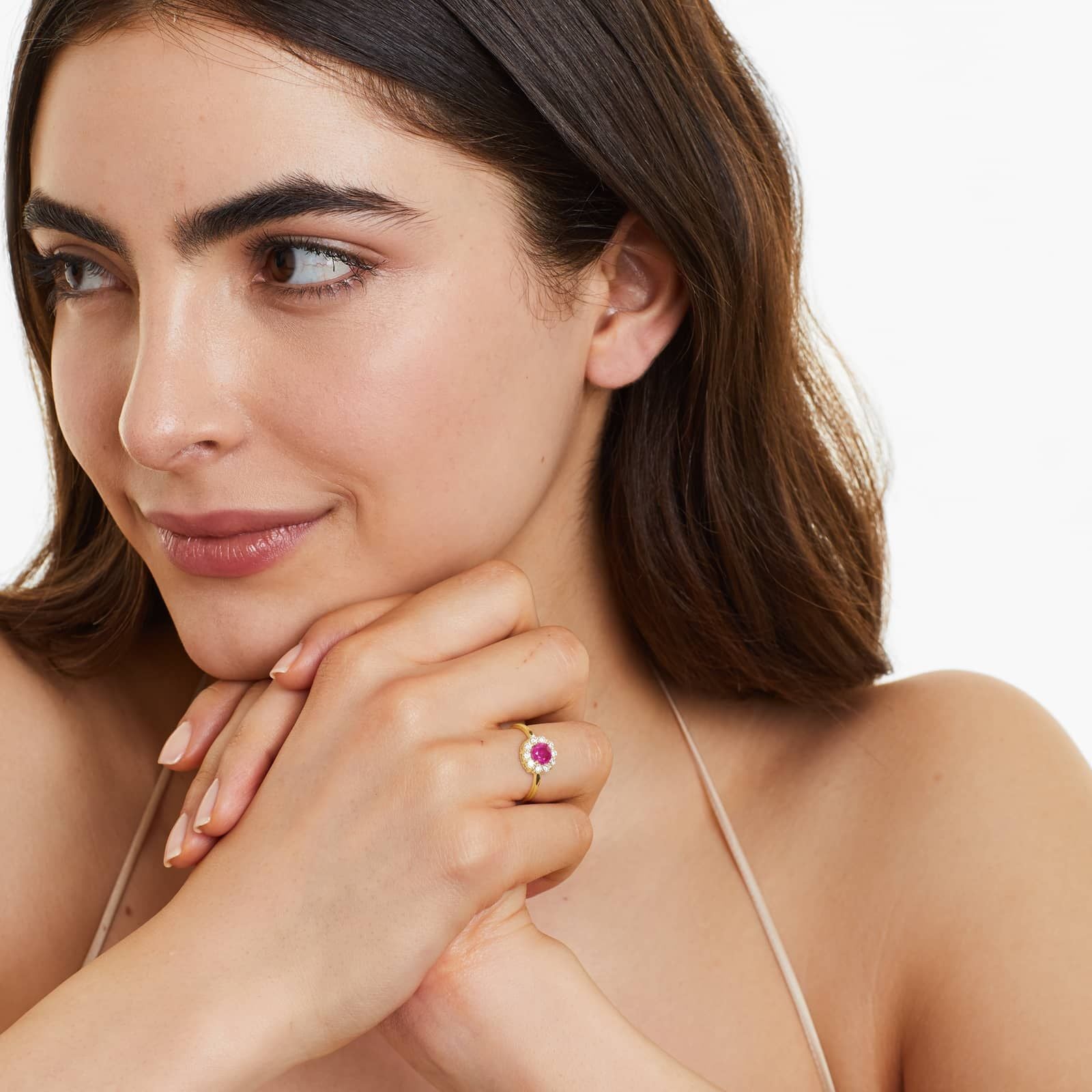 14k yellow gold ring with pink c.z. halo with white c.z. Accent