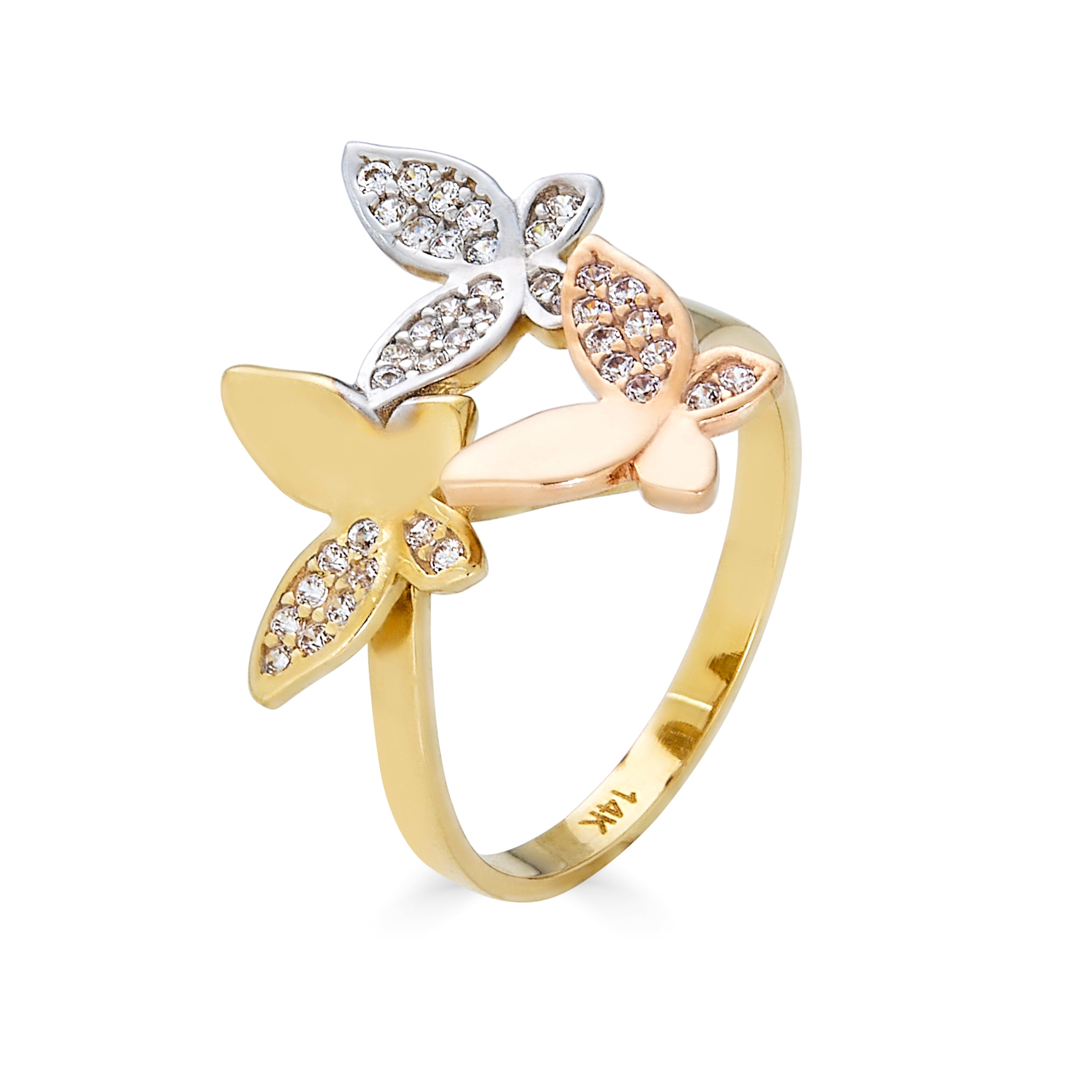 14 K THREE-TONE GOLD BUTTERFLY RING WITH CZ ACCENT