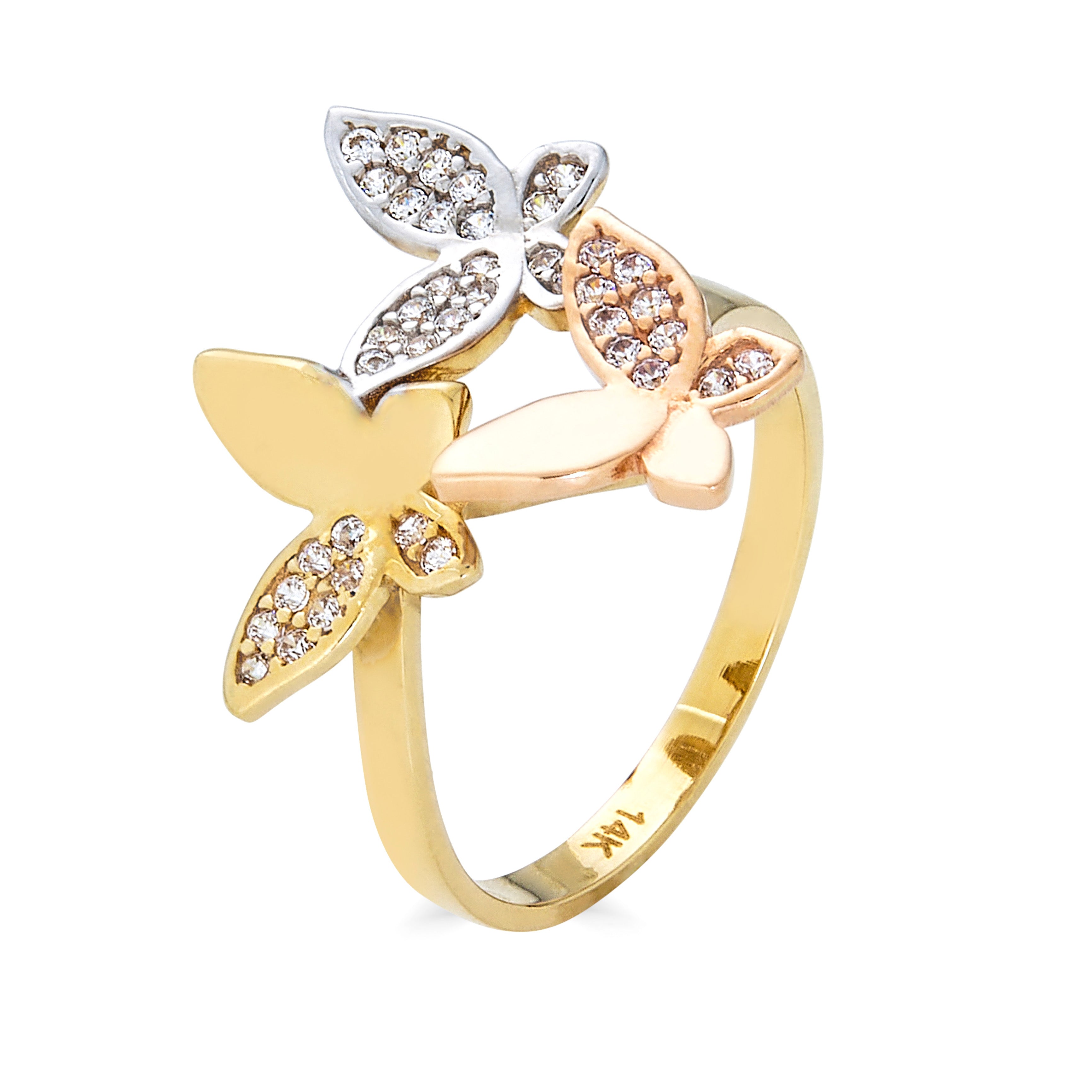 14 K TWO-TONE GOLD BUTTERFLY RING WITH CZ ACCENT