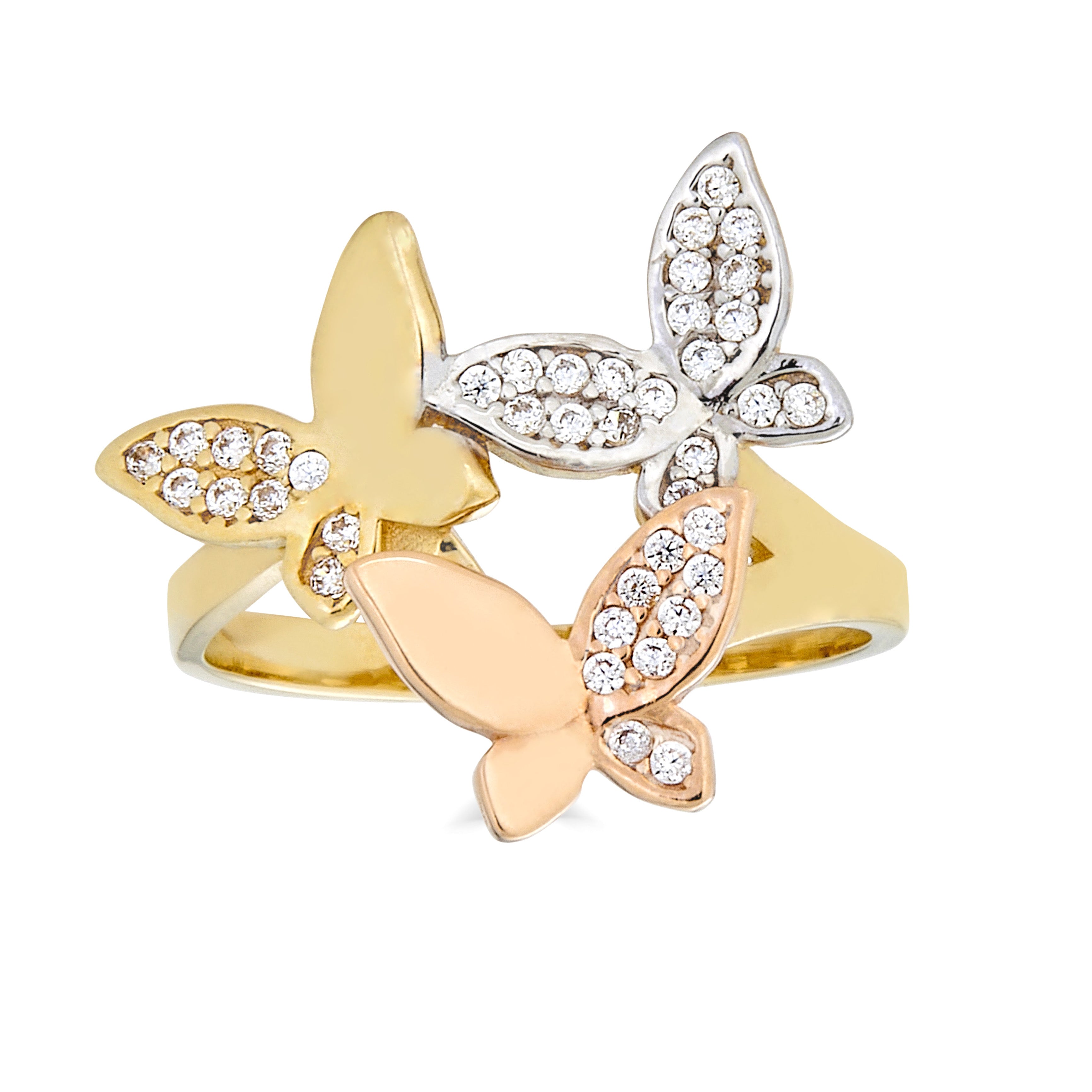 14 K TWO-TONE GOLD BUTTERFLY RING WITH CZ ACCENT