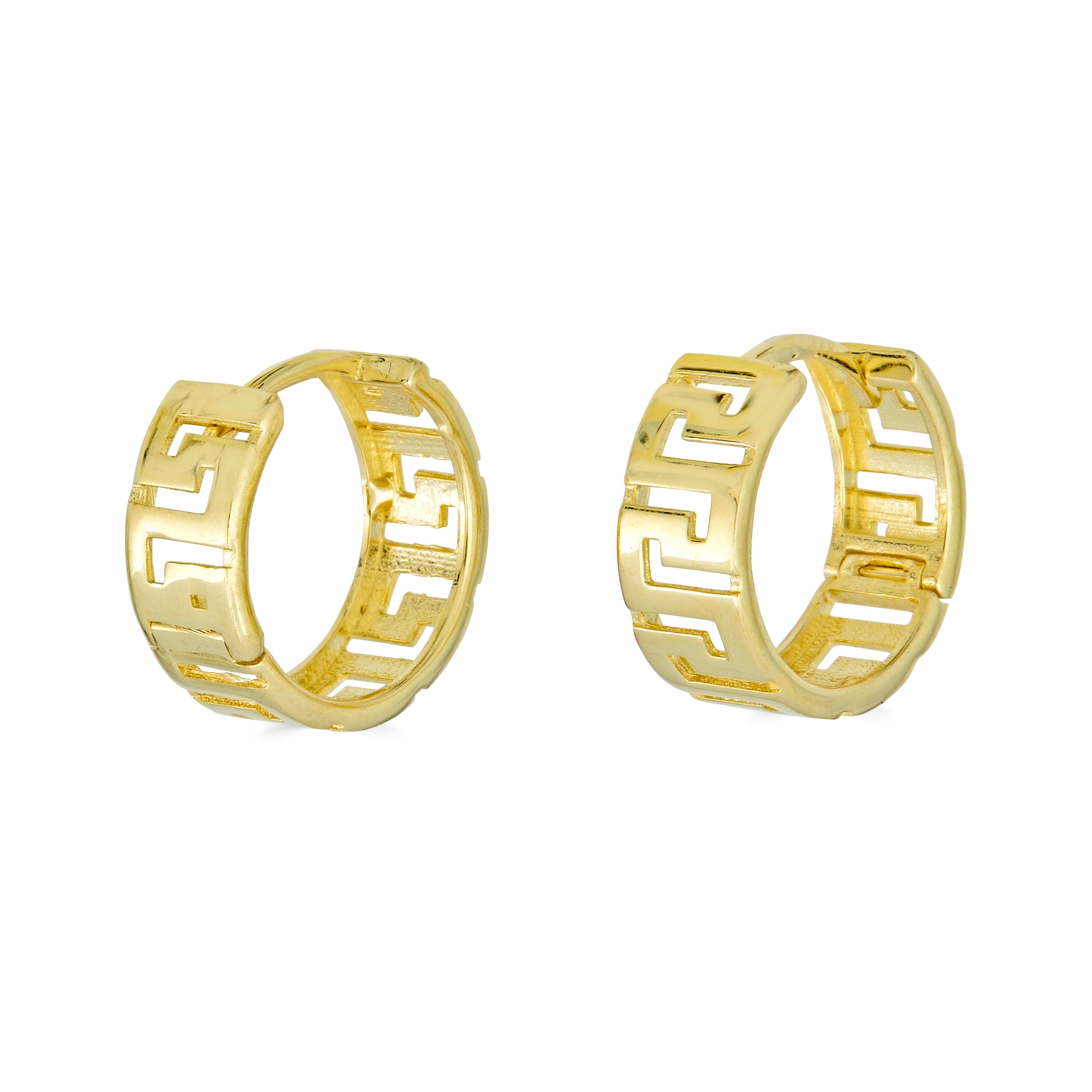 14K Yellow Gold Greek Key Hoop Earrings