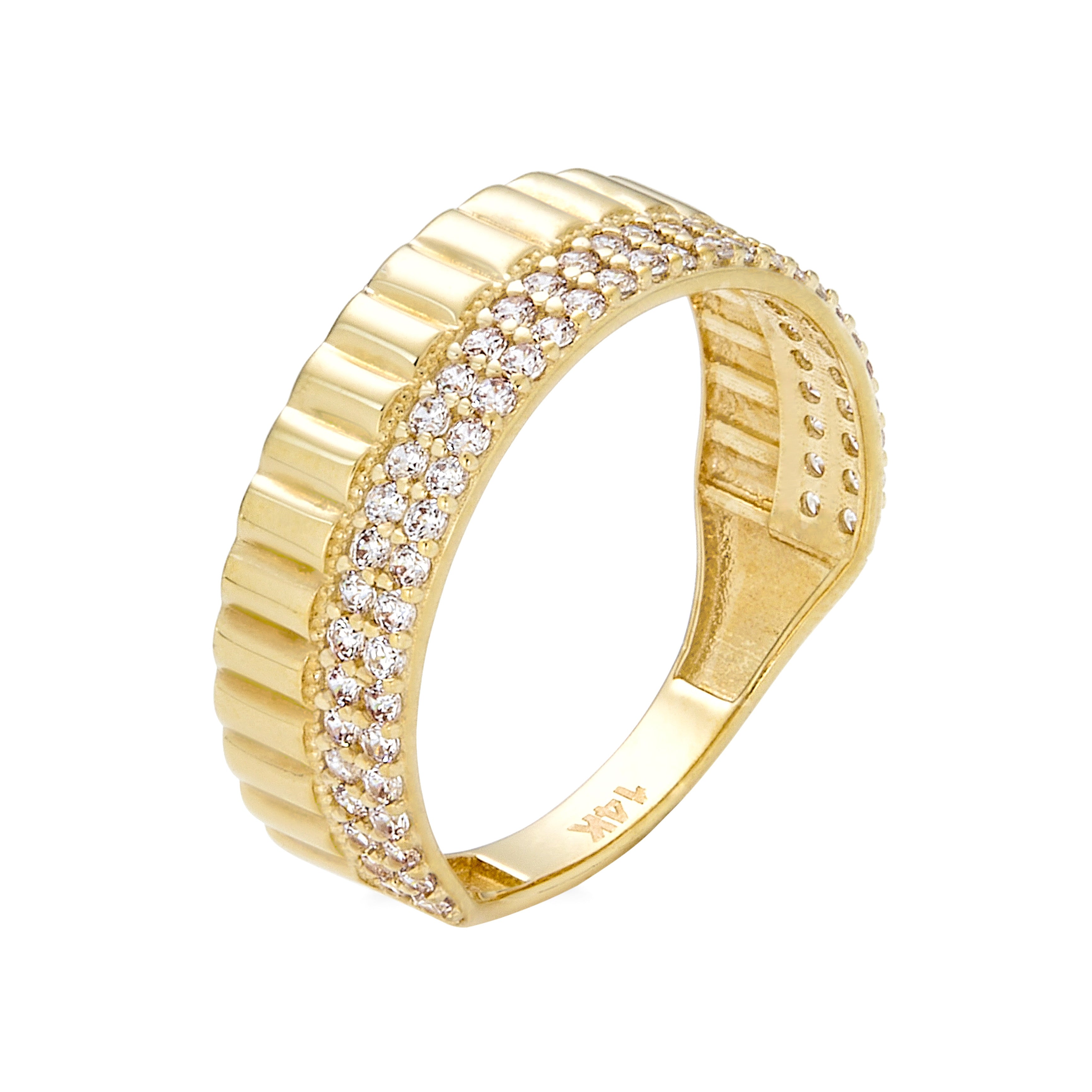 14K Yellow Gold Texture Ring With C.Z.