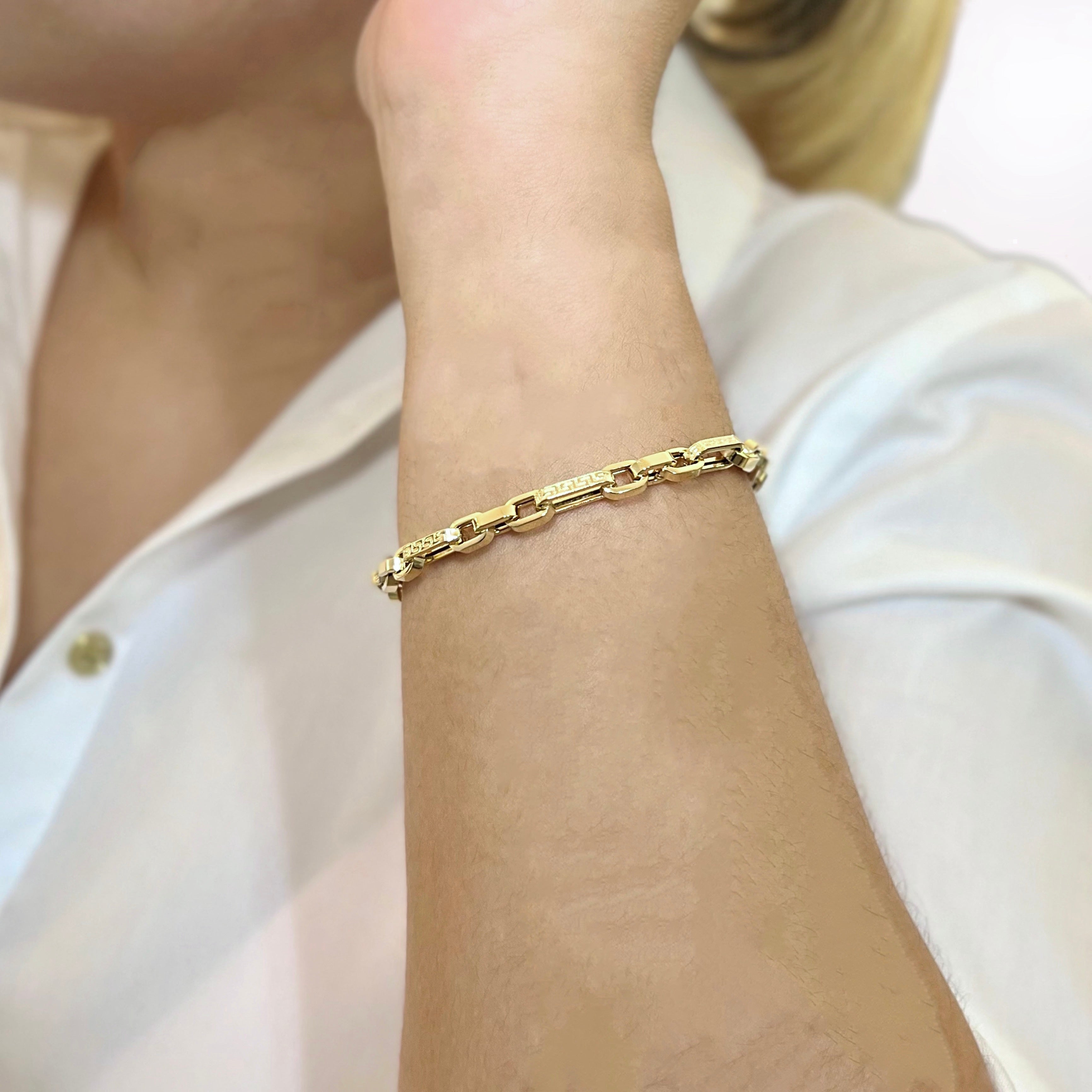 14K Yellow Gold Alternative Paper Clip Greca Design Bracelet