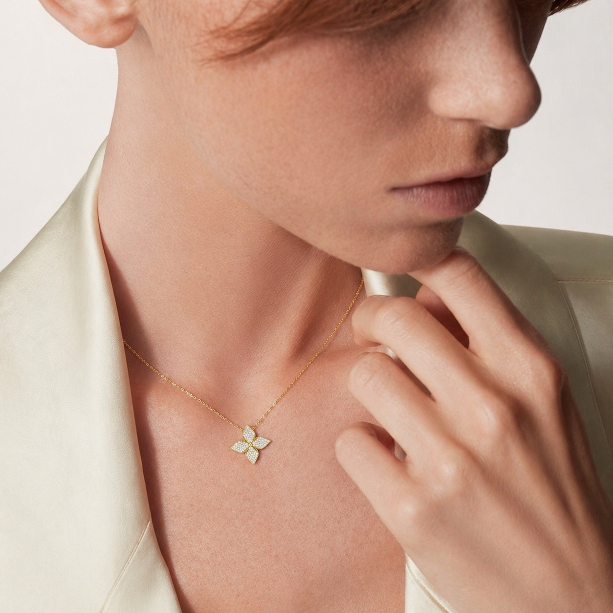 14K Yellow Gold Flower Pendant Necklace with Pave CZ Accents